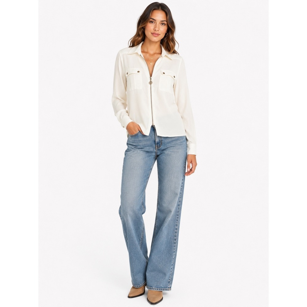 Anne Klein Zip Up Blouse Women Medium White Utility Pocket Gold Lion Workwear